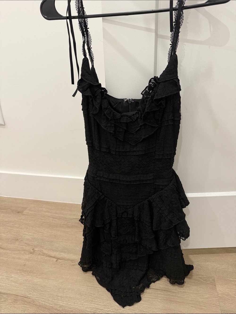 MAJORELLE Black Ruffled Lace Mini Dress